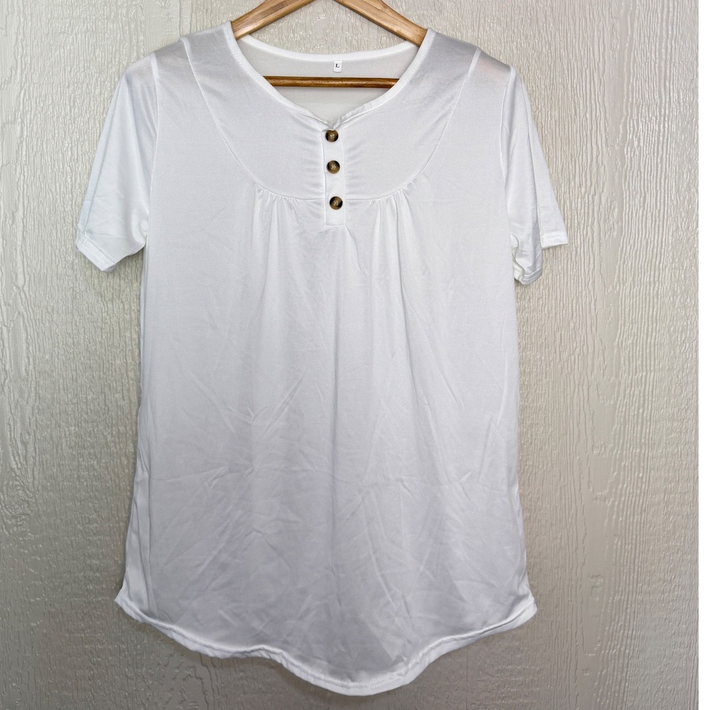 White Short Sleeve Henley Pleated Front Blouse Top Size Large